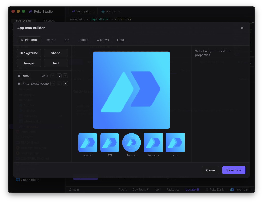 The icon builder with a .pekoicon project open, previewing per-platform output.