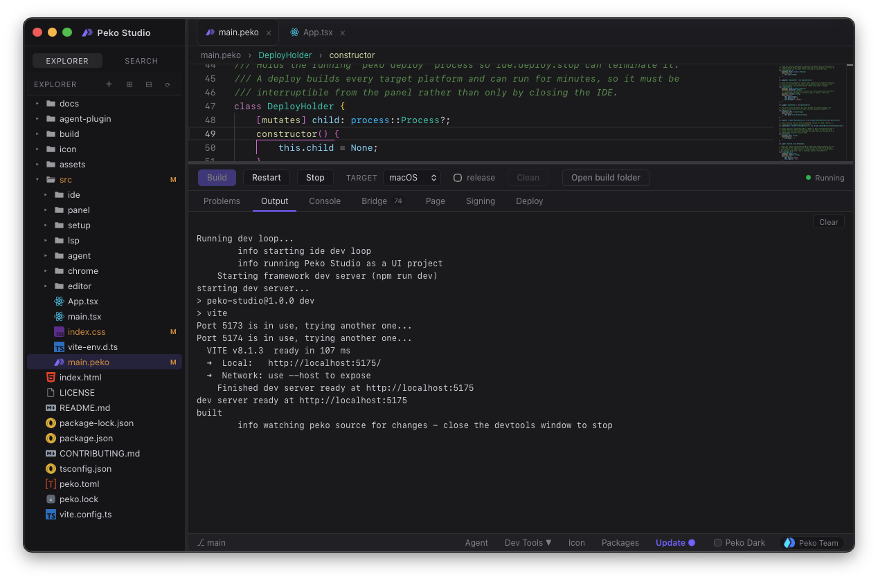 Peko Studio Build/Run panel — Output view