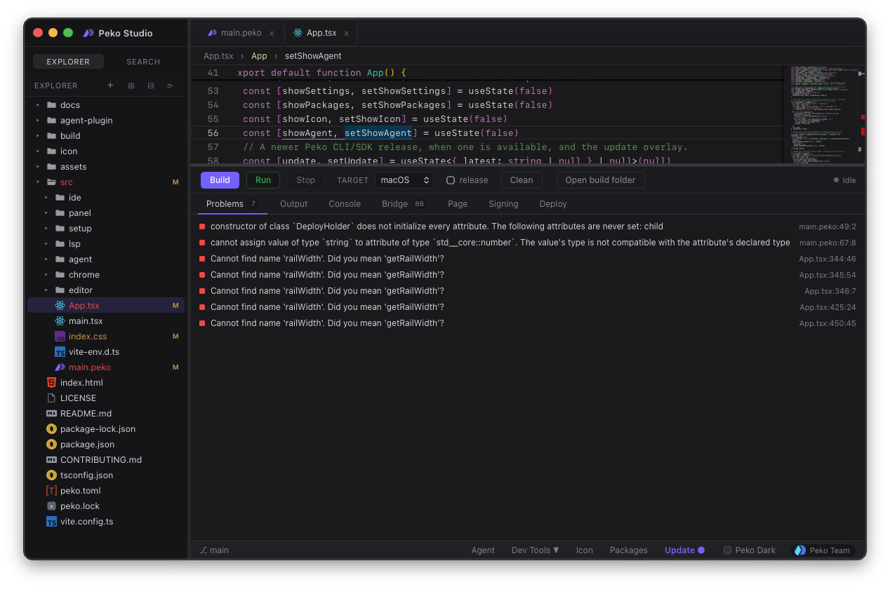 Peko Studio Build/Run panel — Problems view